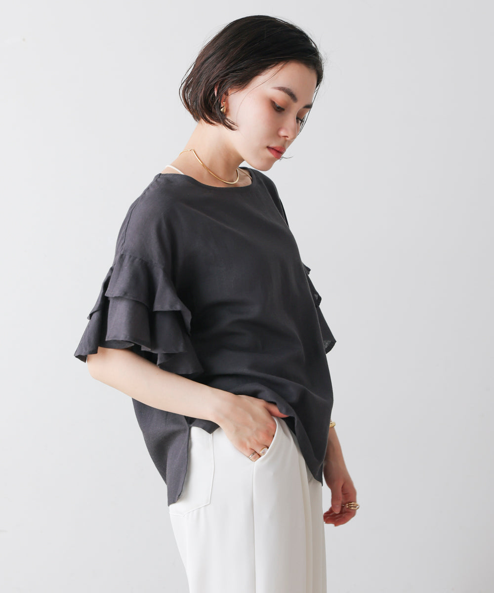 麻混袖ティアードプルオーバー
