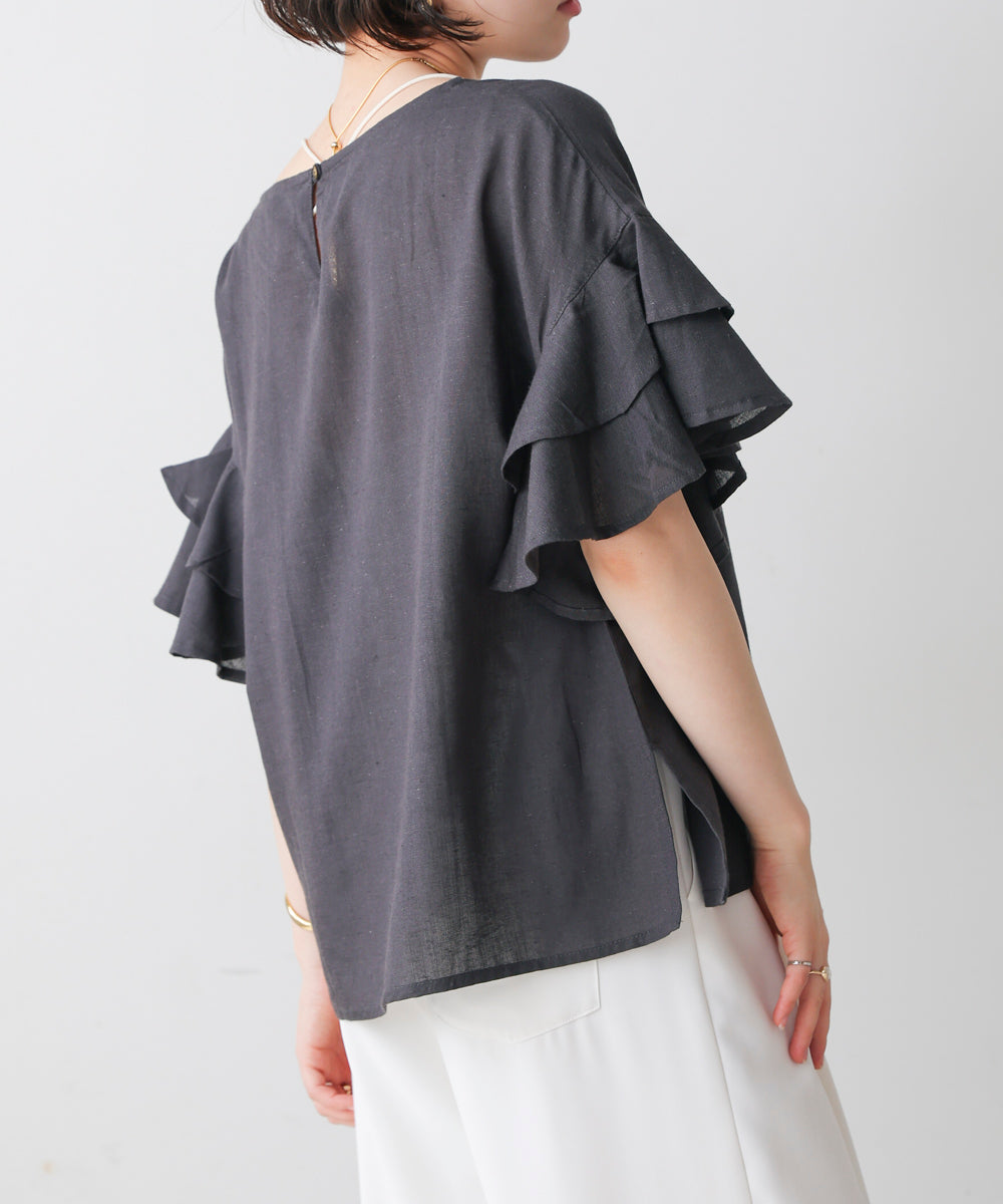 麻混袖ティアードプルオーバー