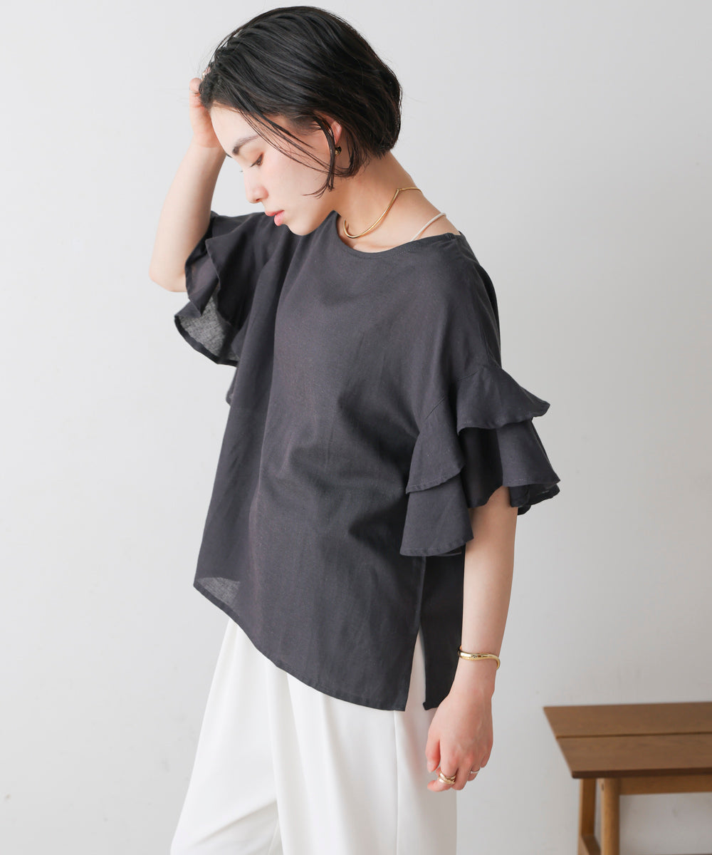 麻混袖ティアードプルオーバー