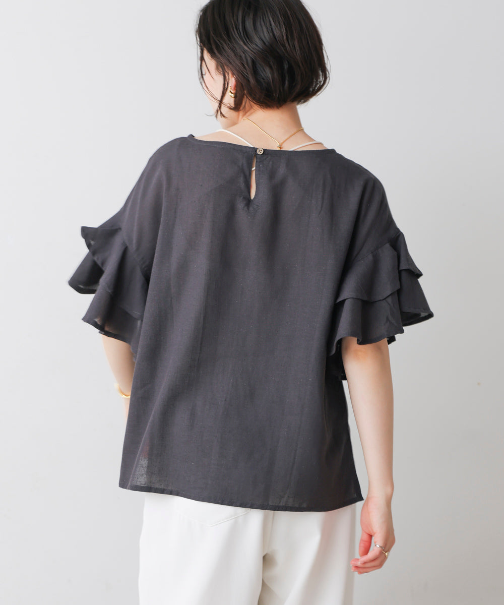 麻混袖ティアードプルオーバー