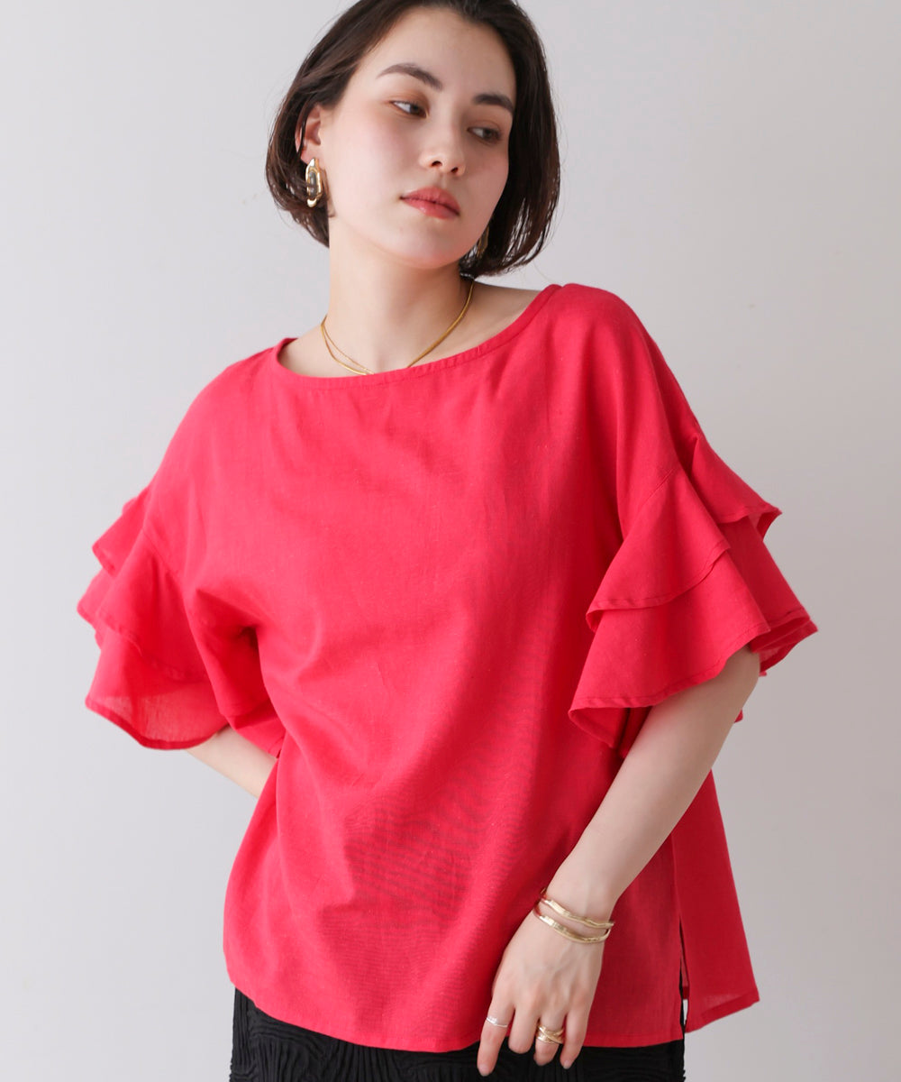 麻混袖ティアードプルオーバー