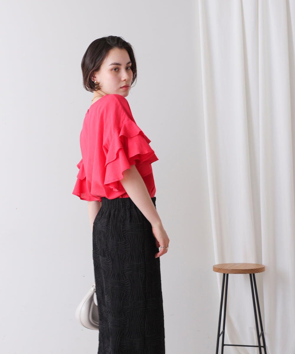 麻混袖ティアードプルオーバー