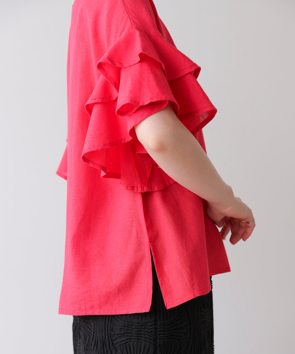 麻混袖ティアードプルオーバー