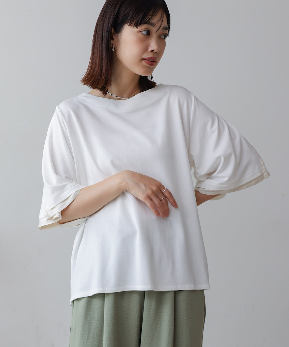 袖フレアサテン切替カットソー