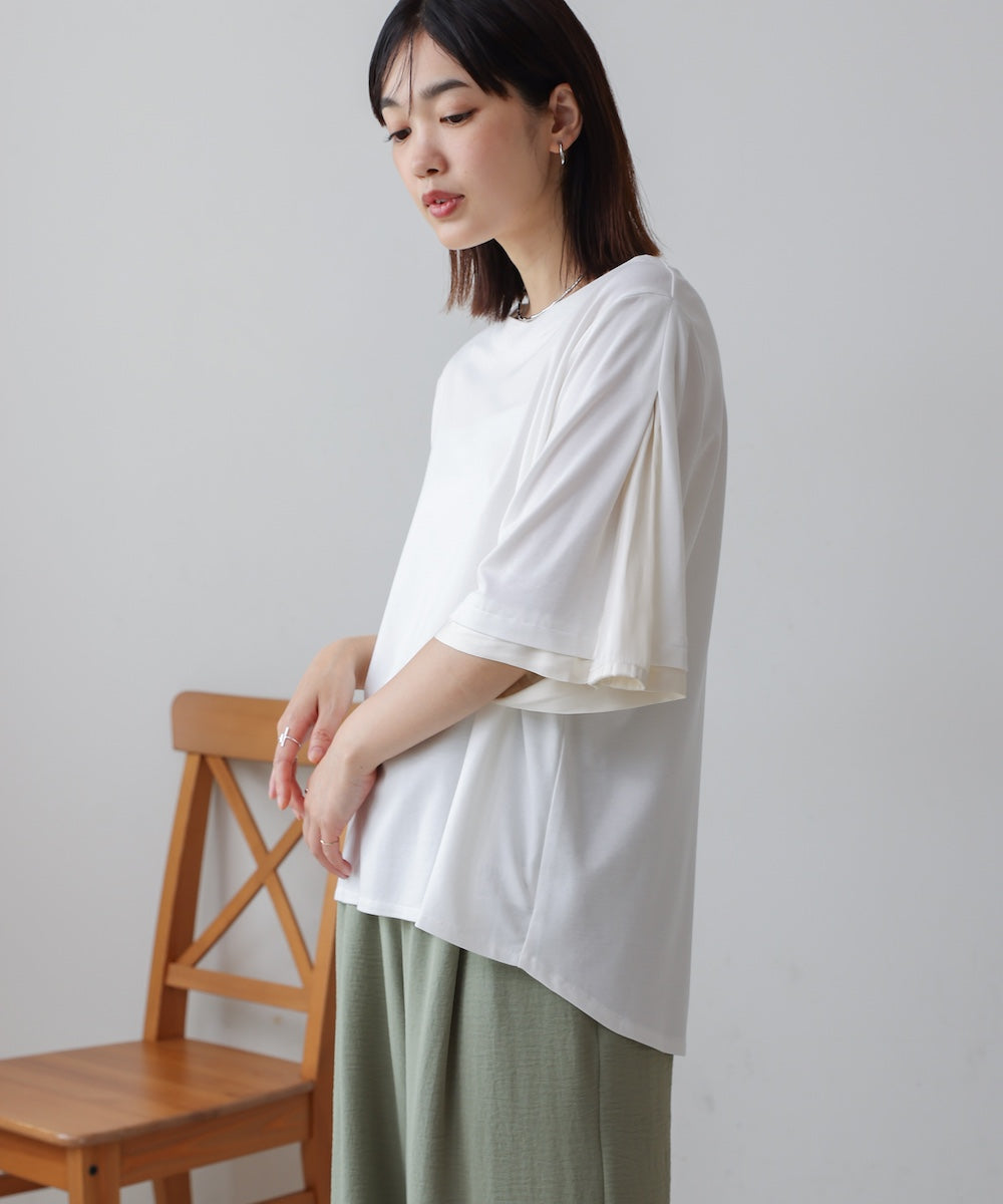 袖フレアサテン切替カットソー