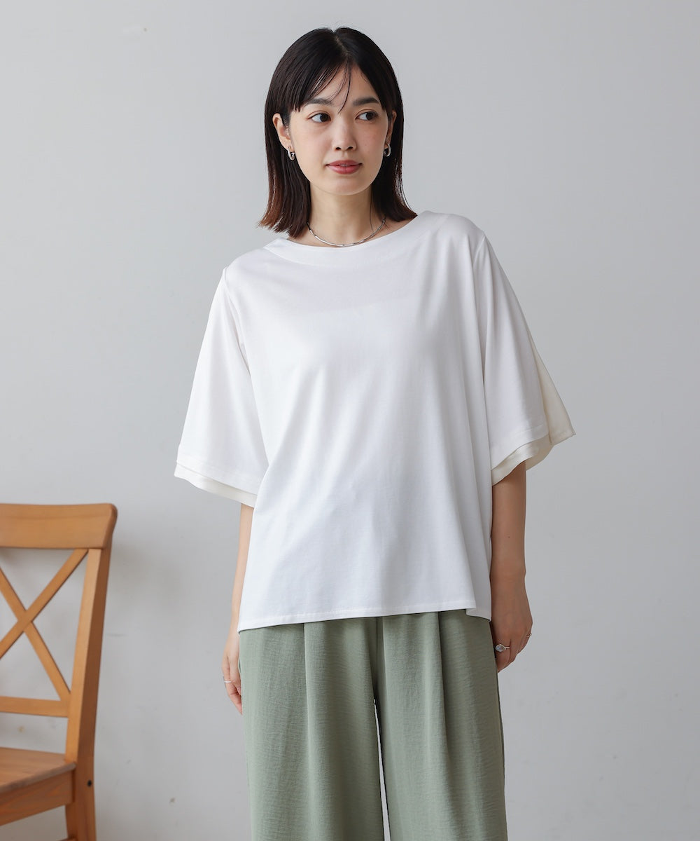 袖フレアサテン切替カットソー