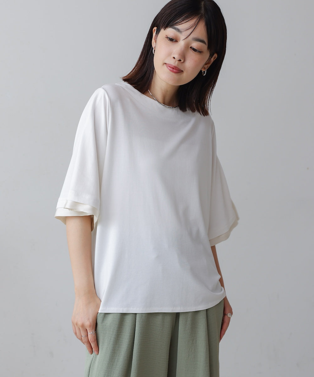 袖フレアサテン切替カットソー