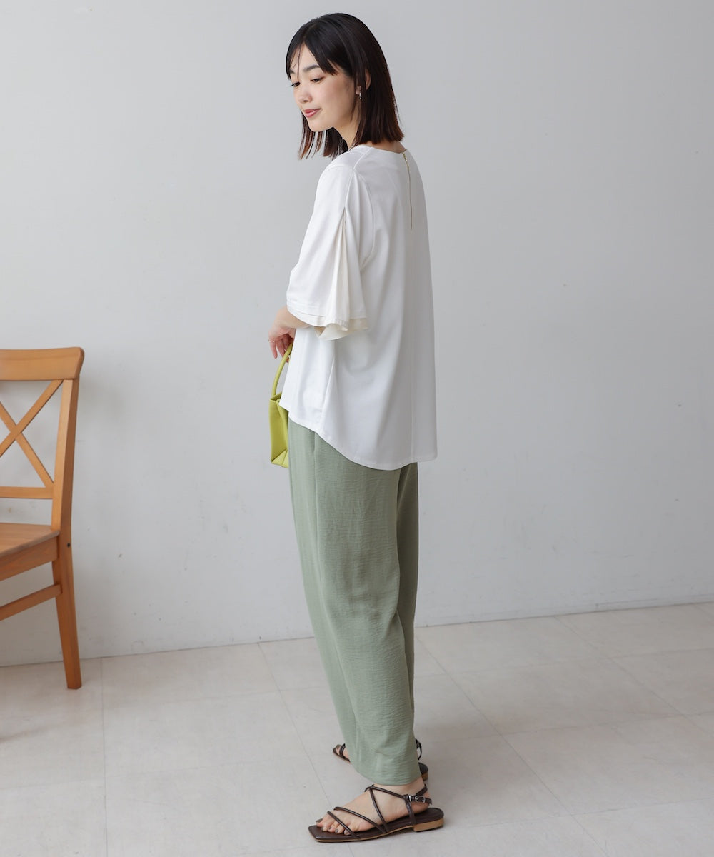 袖フレアサテン切替カットソー