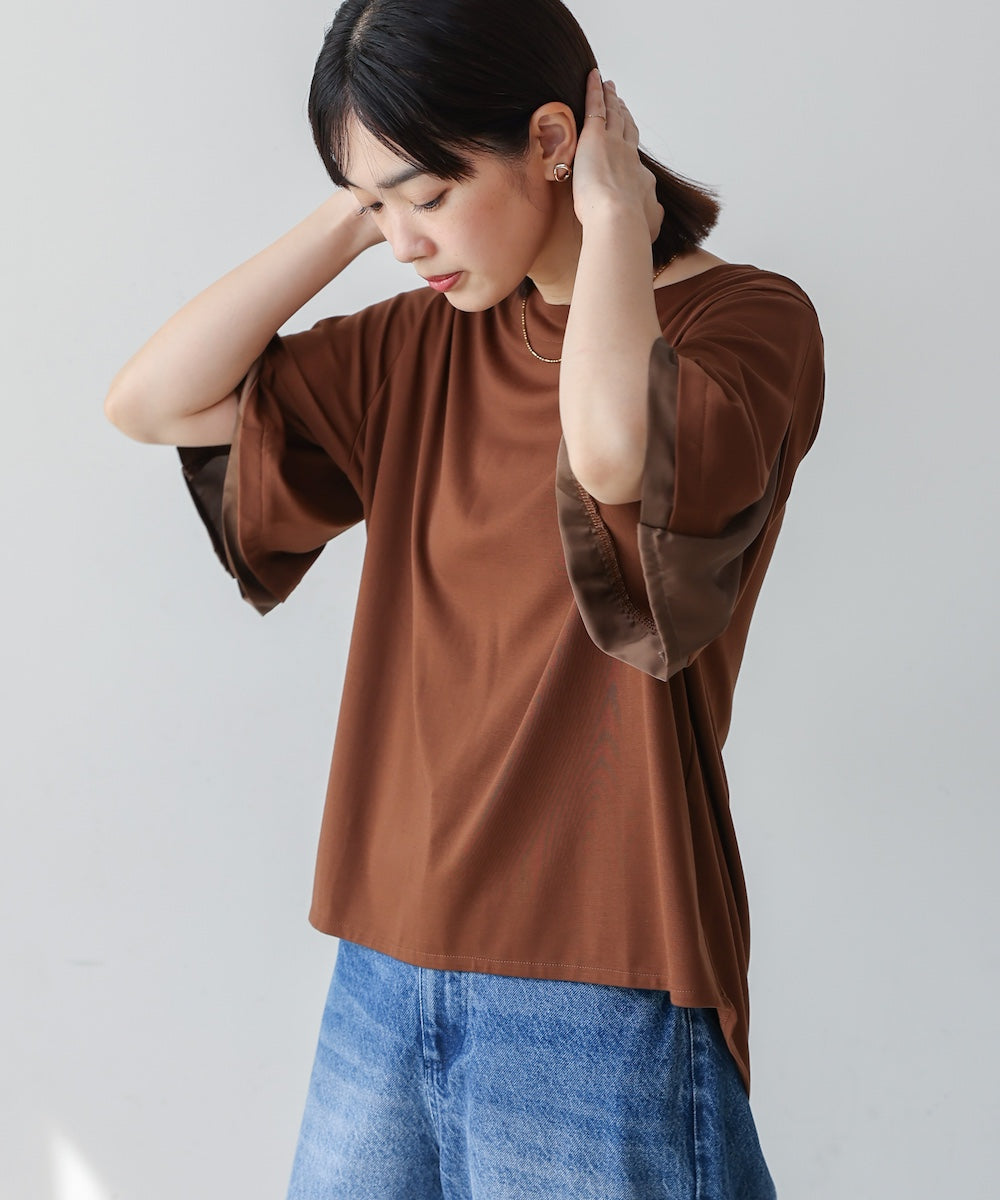 袖フレアサテン切替カットソー