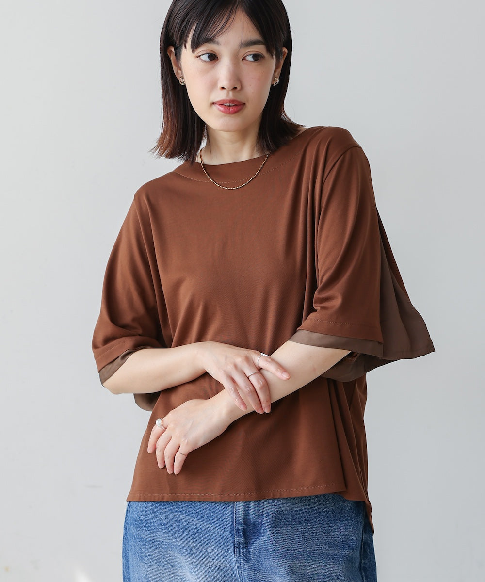 袖フレアサテン切替カットソー