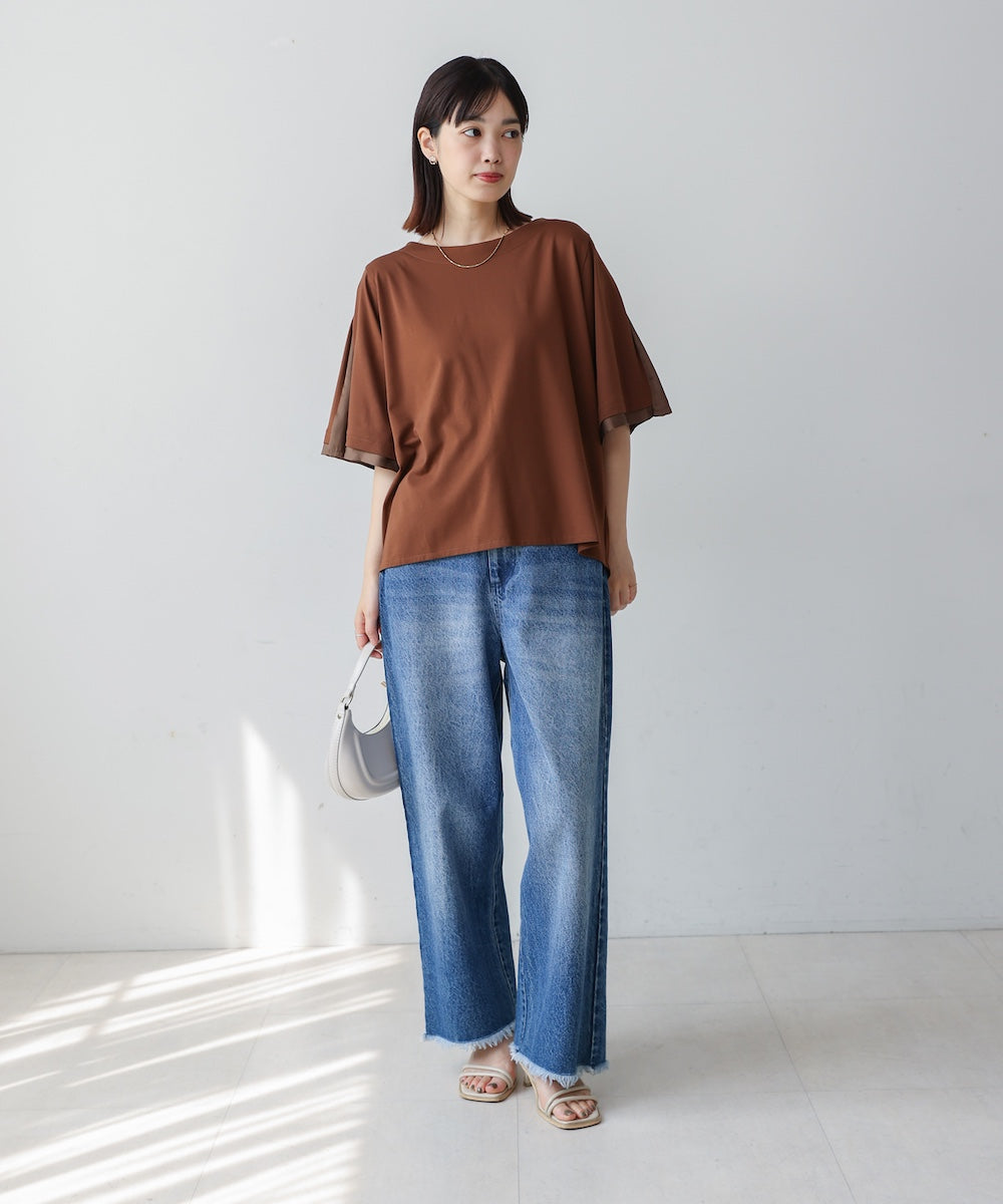 袖フレアサテン切替カットソー