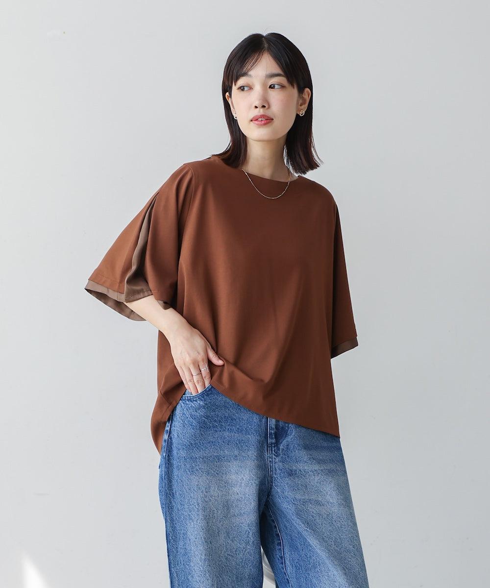 袖フレアサテン切替カットソー