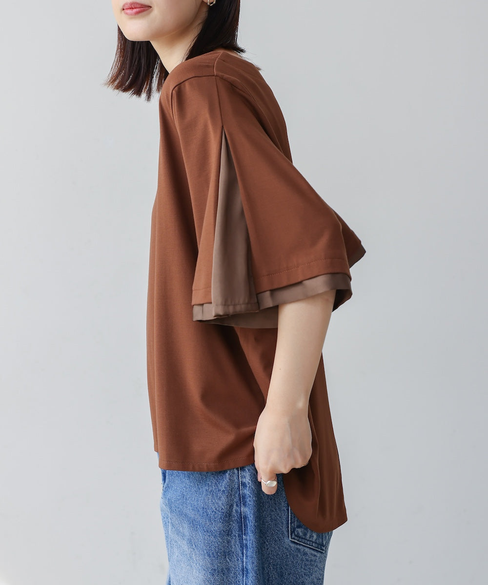 袖フレアサテン切替カットソー