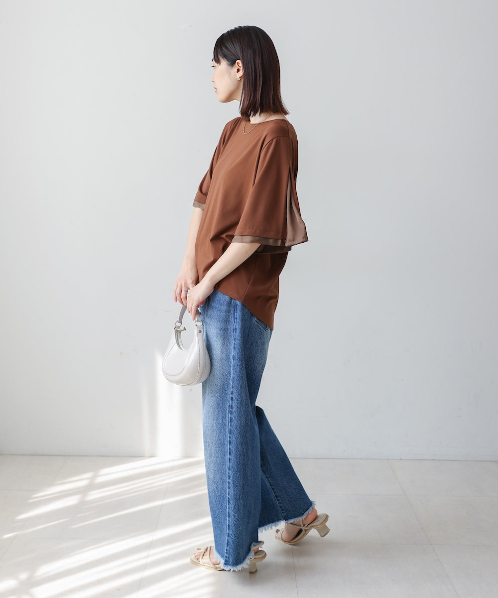 袖フレアサテン切替カットソー