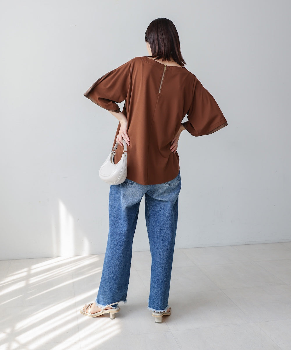 袖フレアサテン切替カットソー