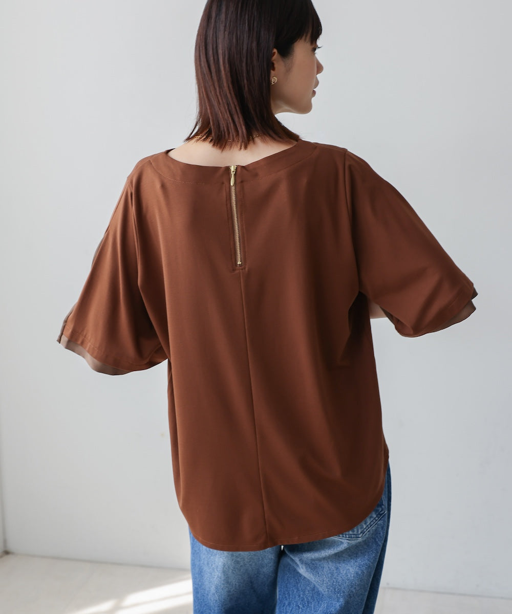 袖フレアサテン切替カットソー