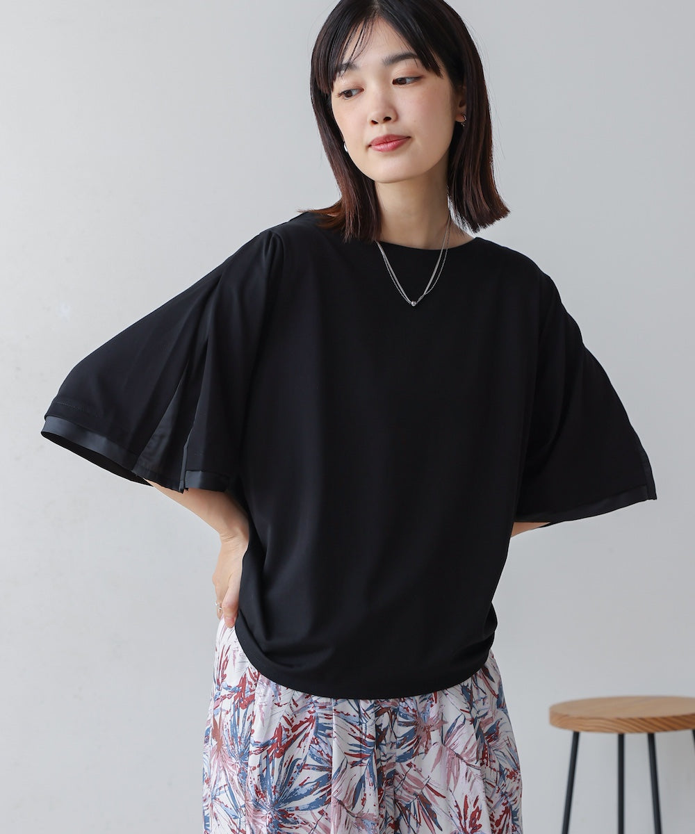 袖フレアサテン切替カットソー