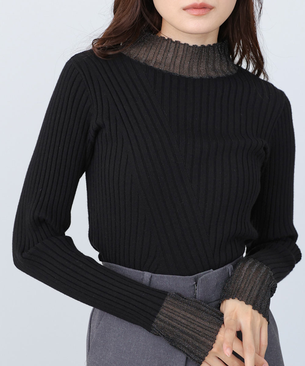 【選べるネック】シアー使いリブニットトップス