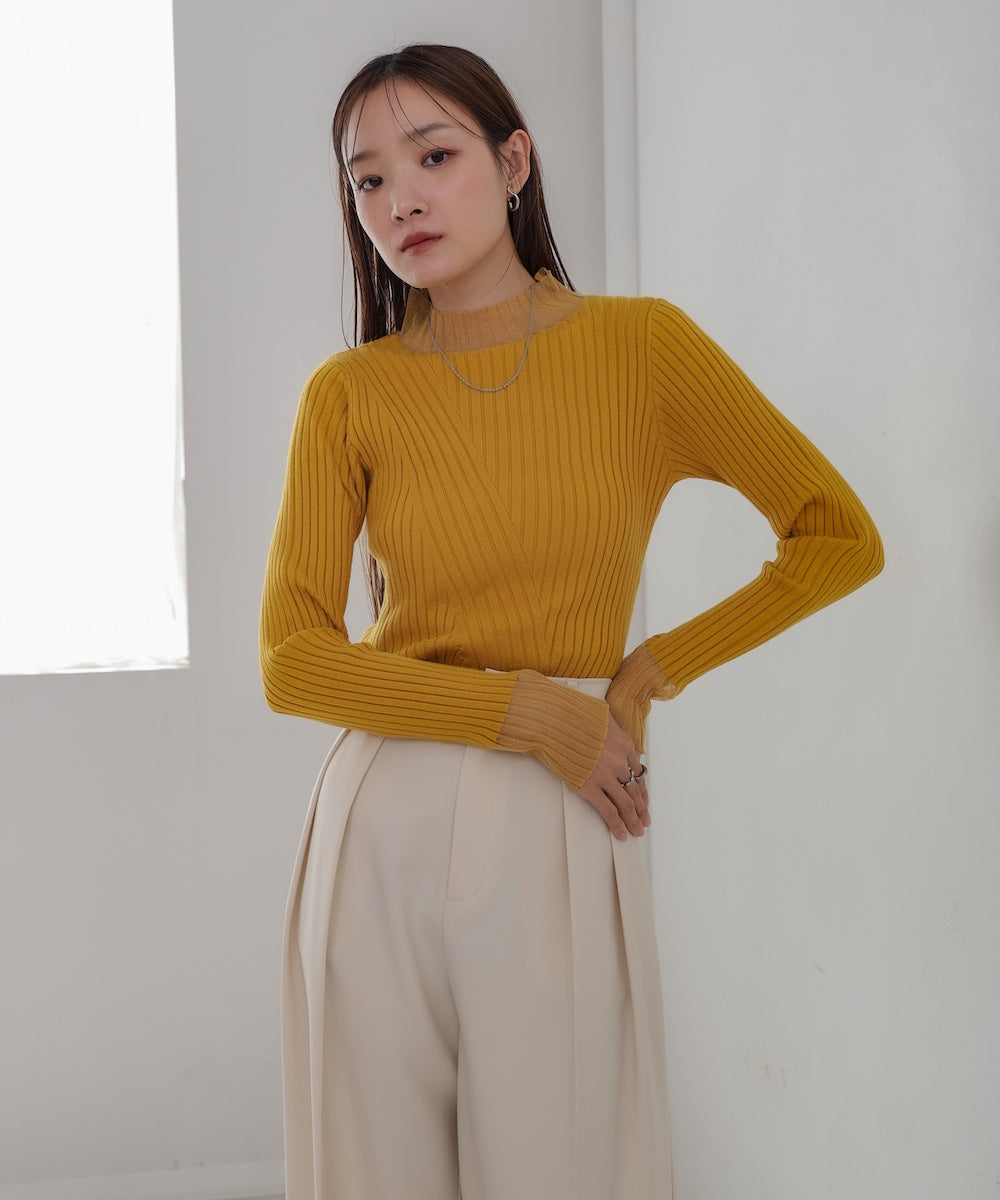 【選べるネック】シアー使いリブニットトップス