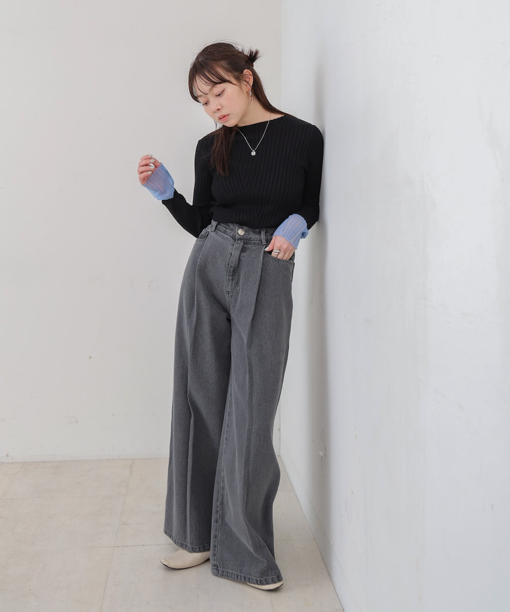 【選べるネック】シアー使いリブニットトップス