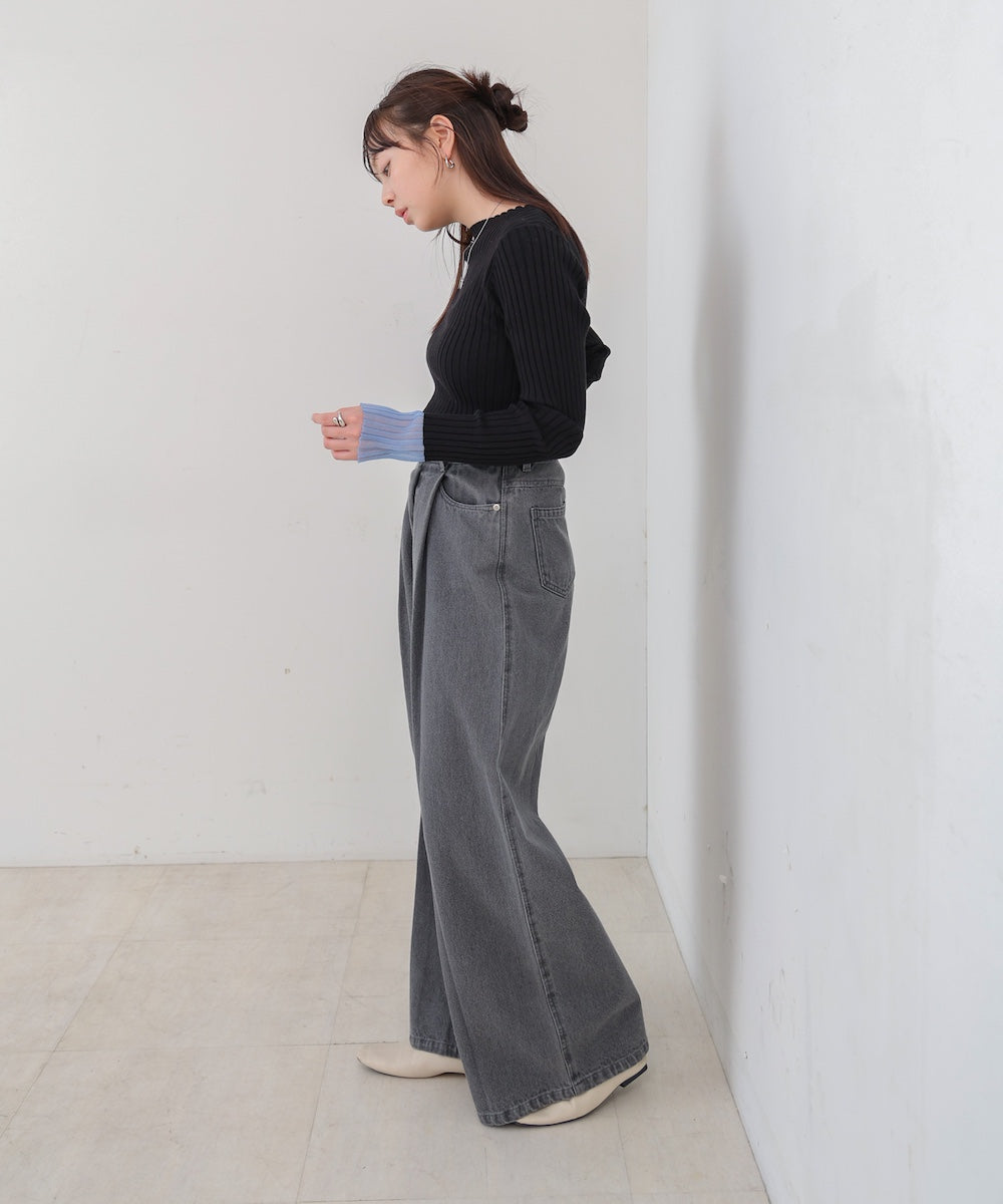 【選べるネック】シアー使いリブニットトップス