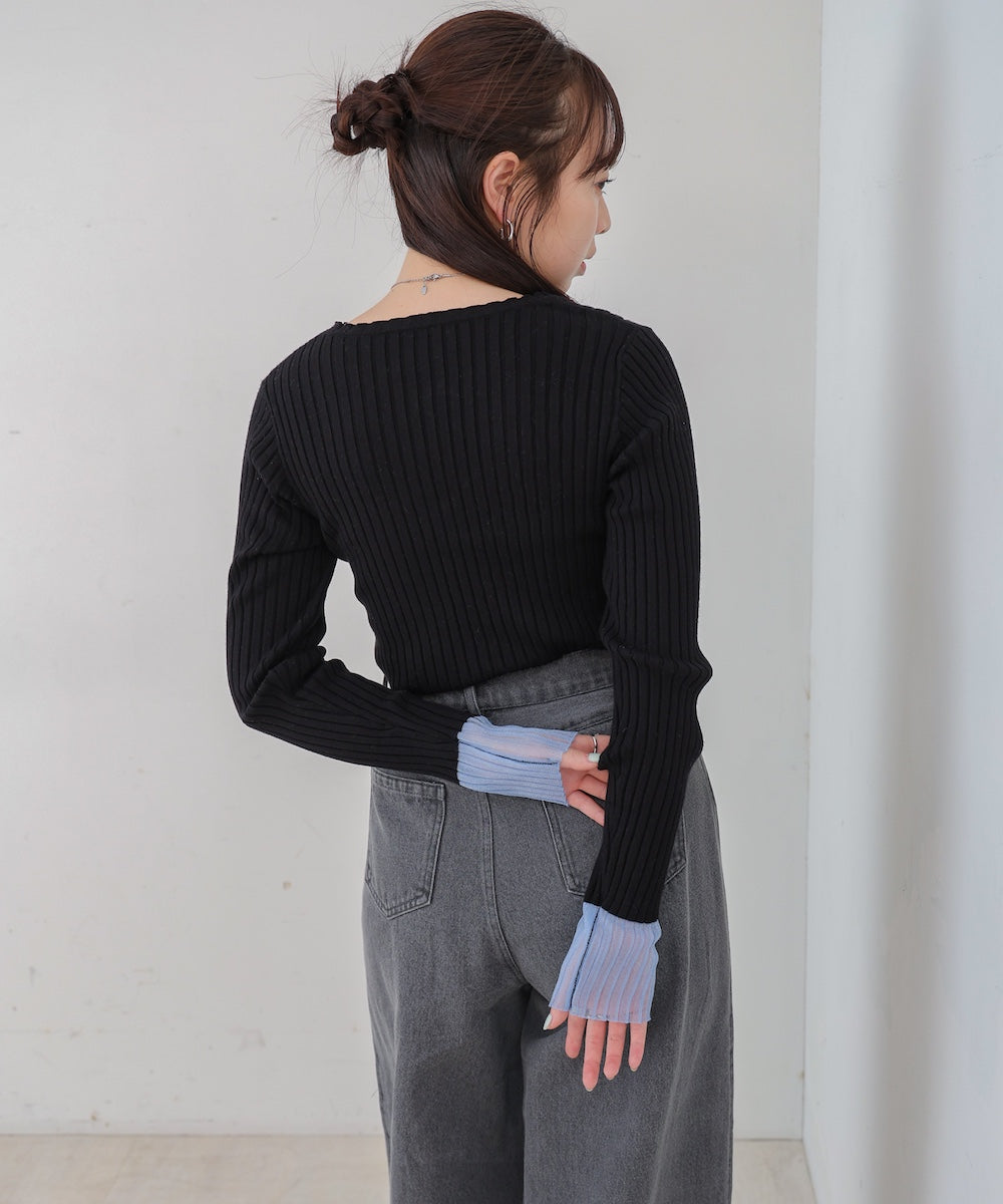 【選べるネック】シアー使いリブニットトップス