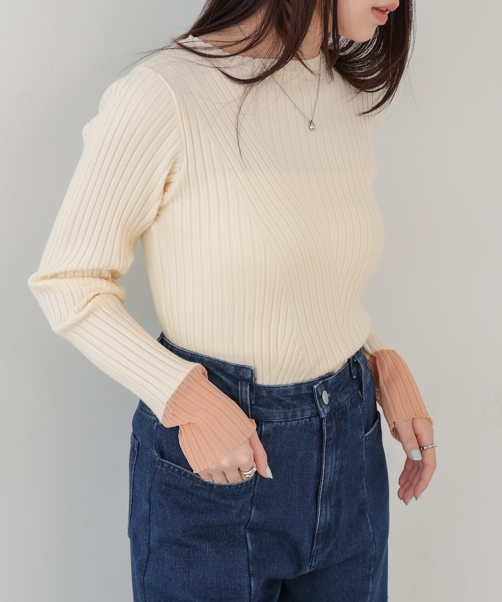 【選べるネック】シアー使いリブニットトップス