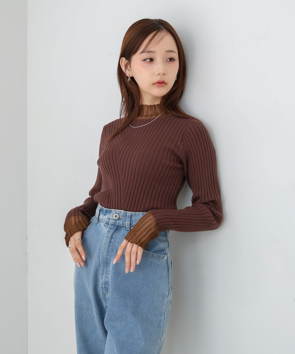 【選べるネック】シアー使いリブニットトップス