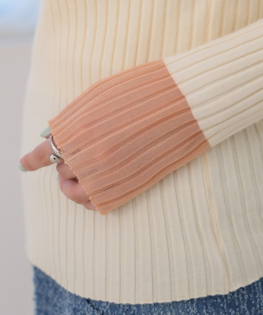 【選べるネック】シアー使いリブニットトップス