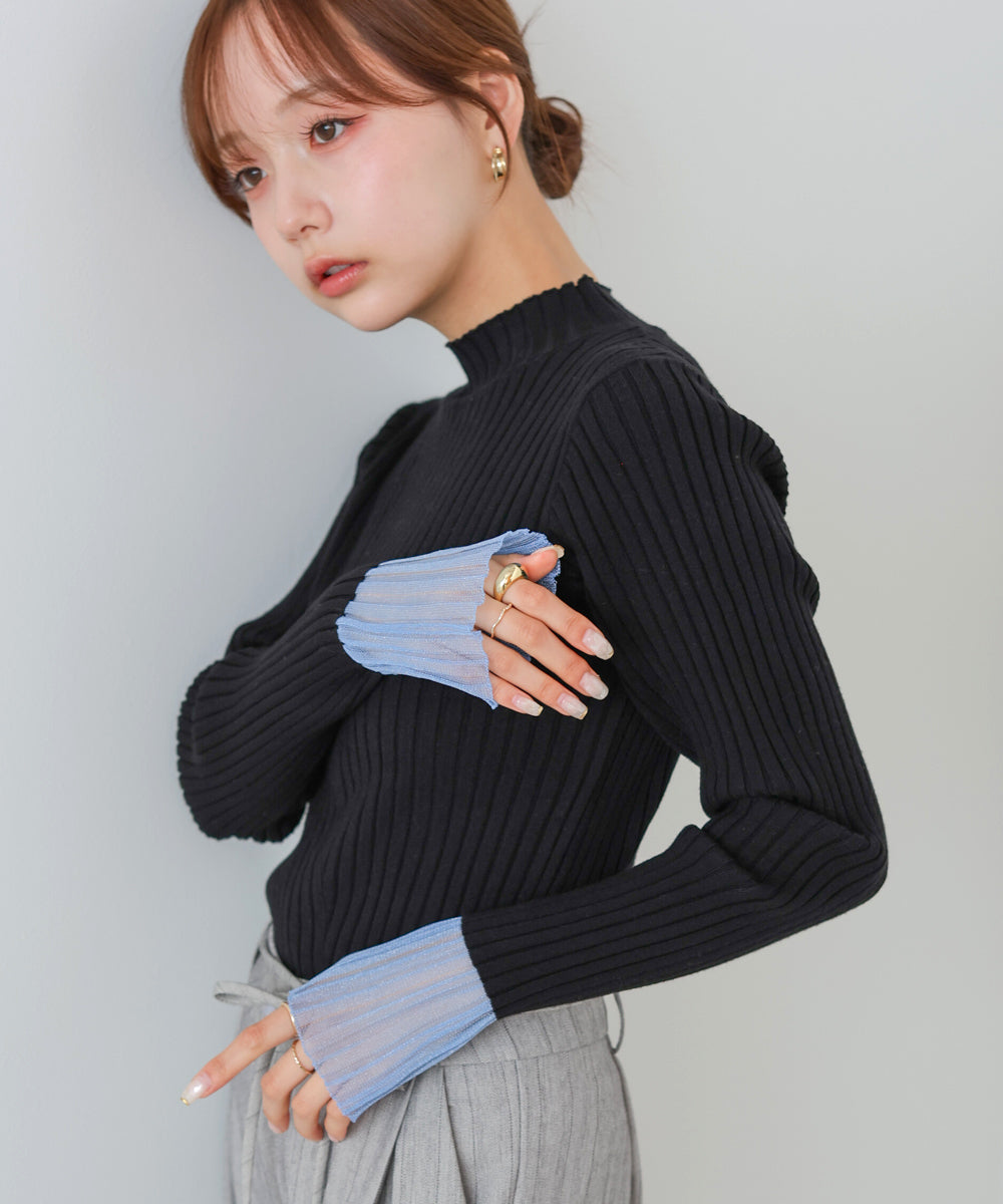 【選べるネック】シアー使いリブニットトップス