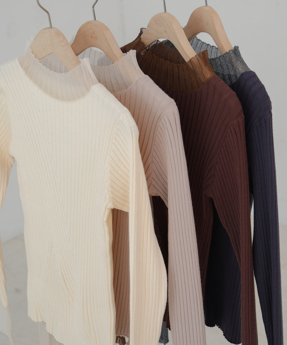 【選べるネック】シアー使いリブニットトップス