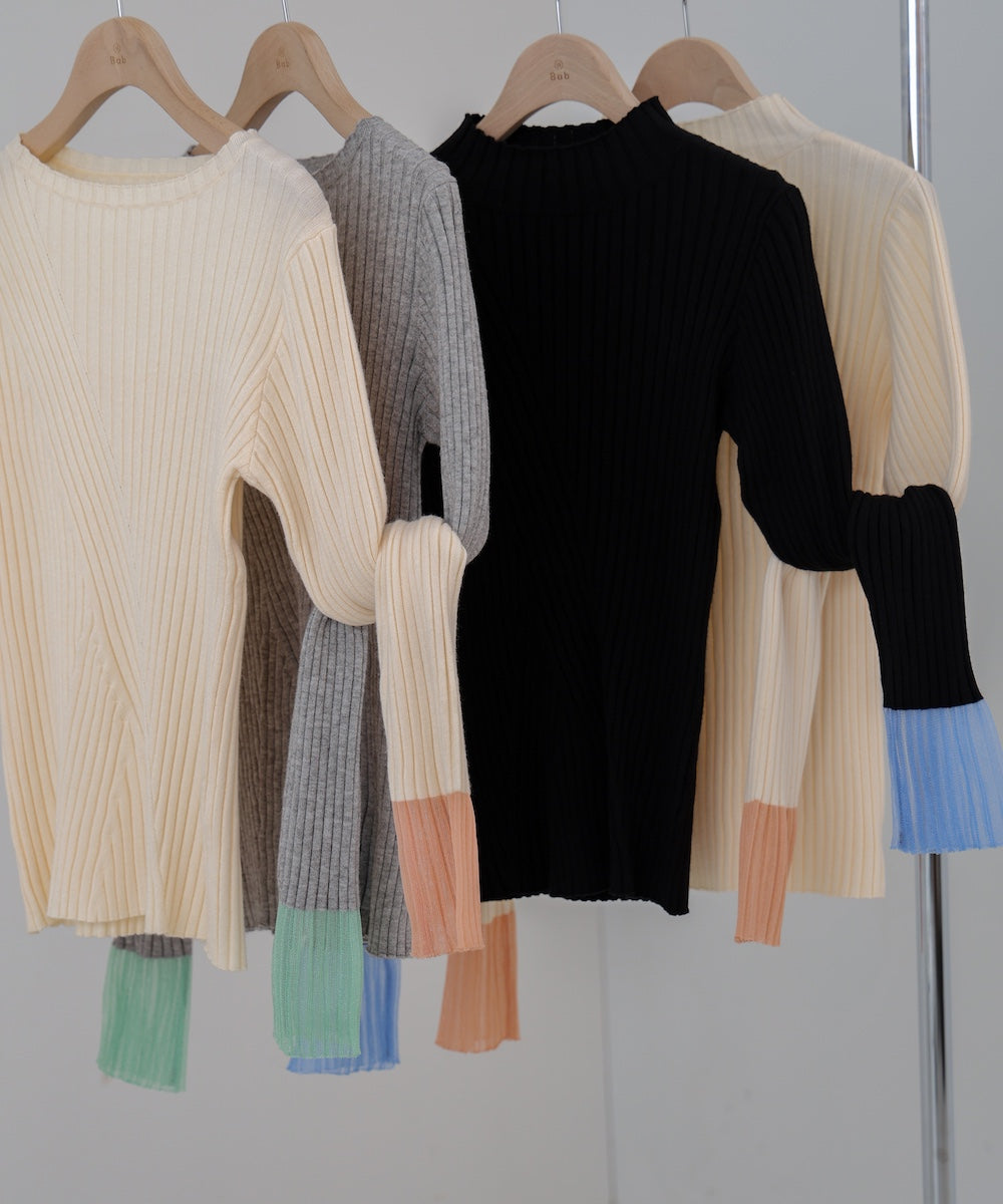 【選べるネック】シアー使いリブニットトップス