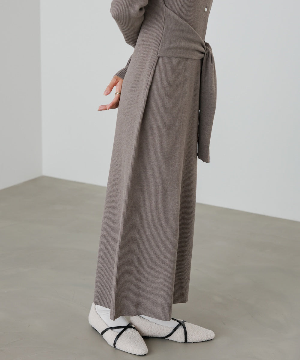 レイヤード風ウエスト結びリブニットワンピース