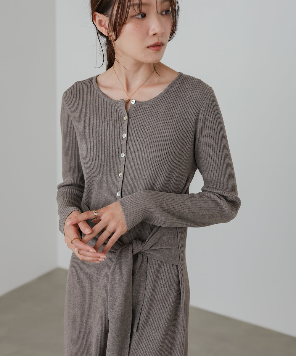 レイヤード風ウエスト結びリブニットワンピース