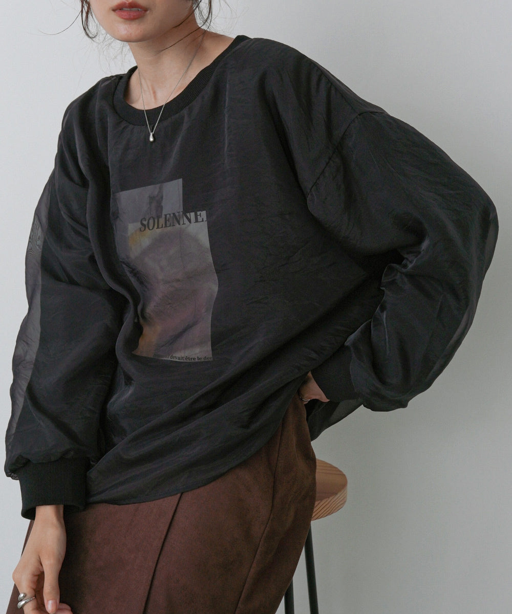 シアーレイヤードプリントスウェットトップス