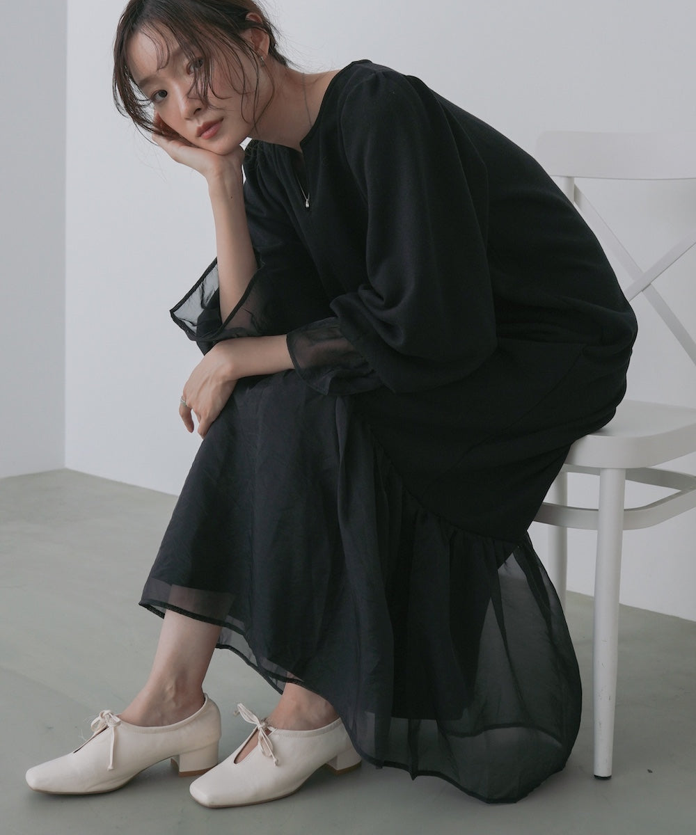 オーガンジー切替スウェットワンピース