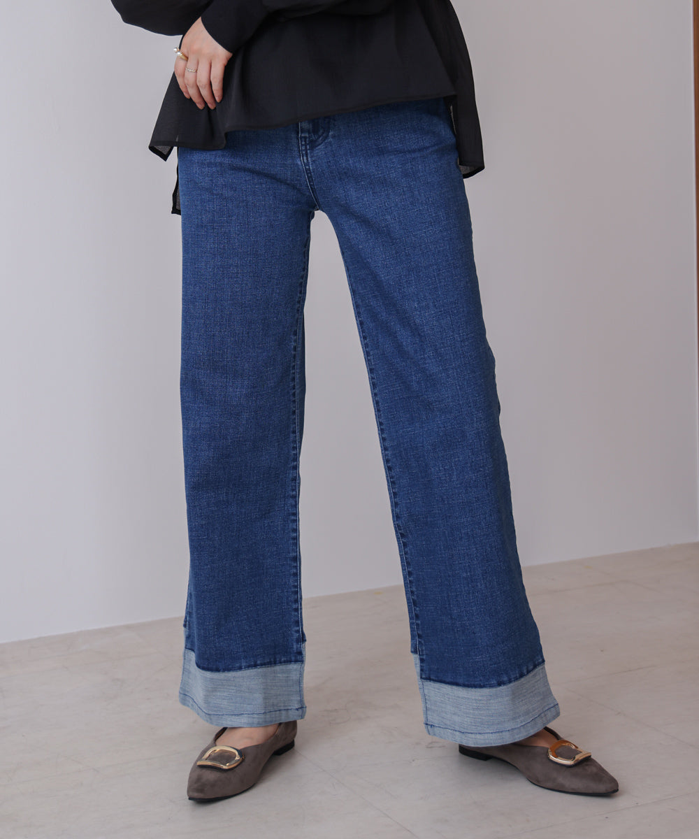 折り返しワイドデニムパンツ