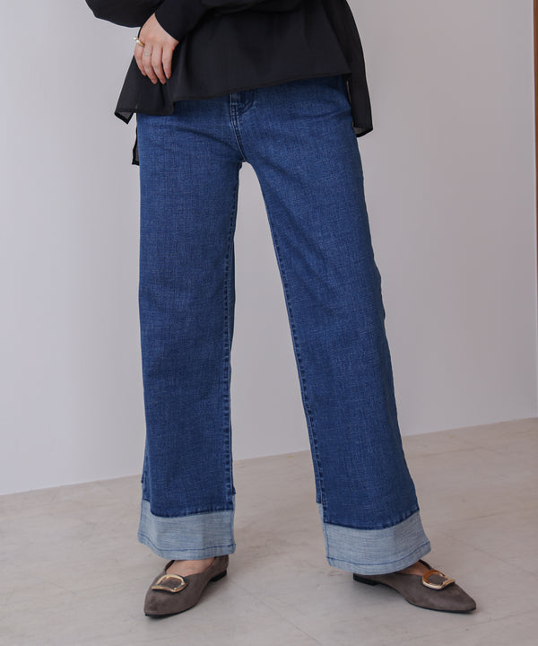 折り返しワイドデニムパンツ