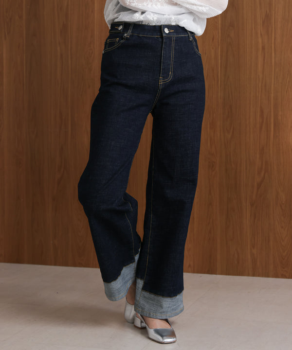 折り返しワイドデニムパンツ