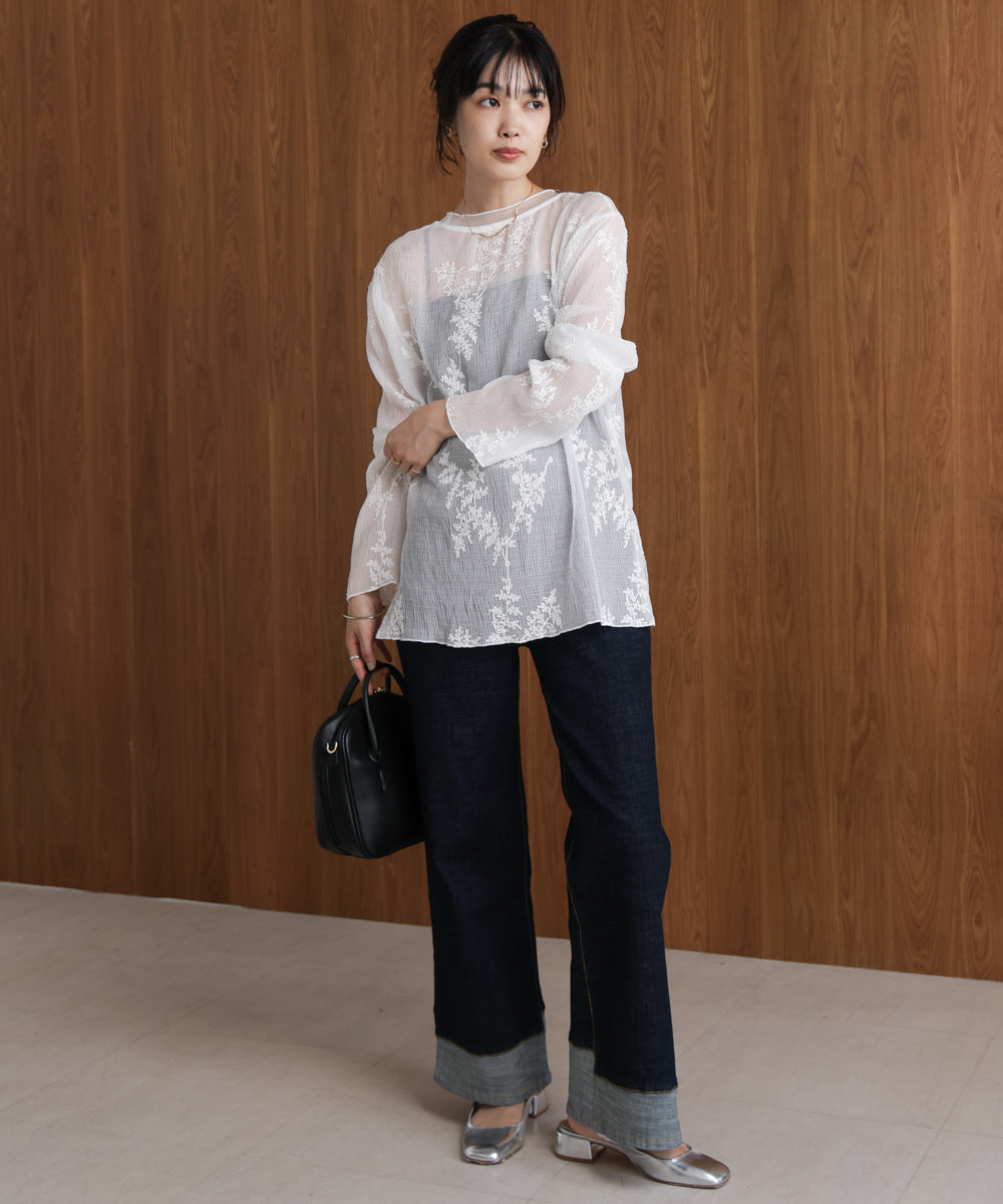 折り返しワイドデニムパンツ