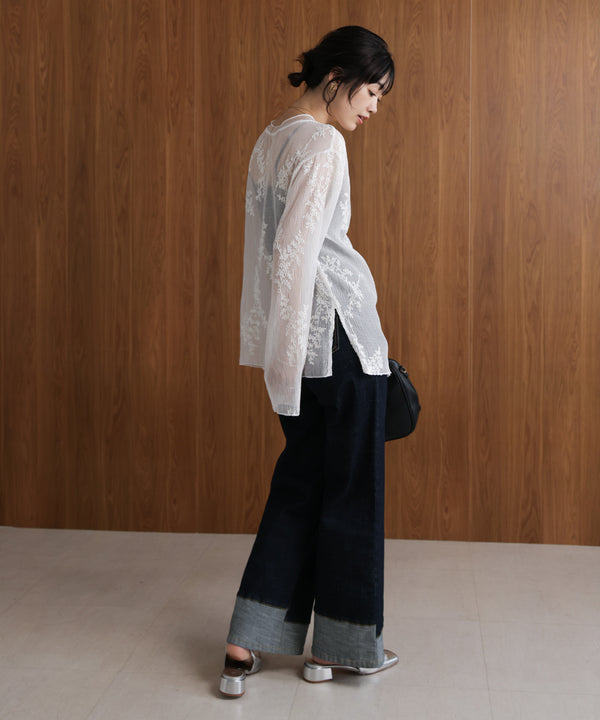 折り返しワイドデニムパンツ