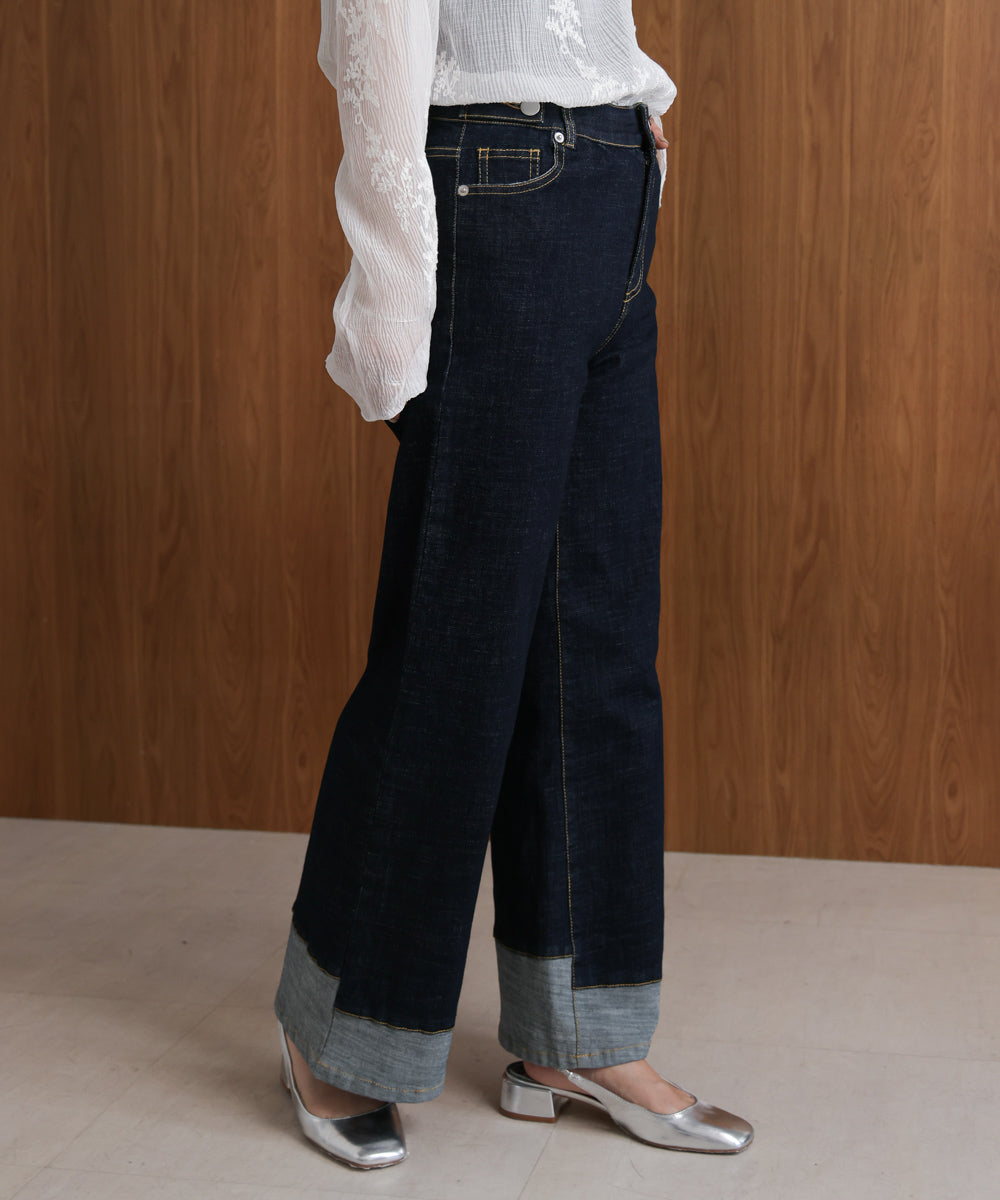 折り返しワイドデニムパンツ