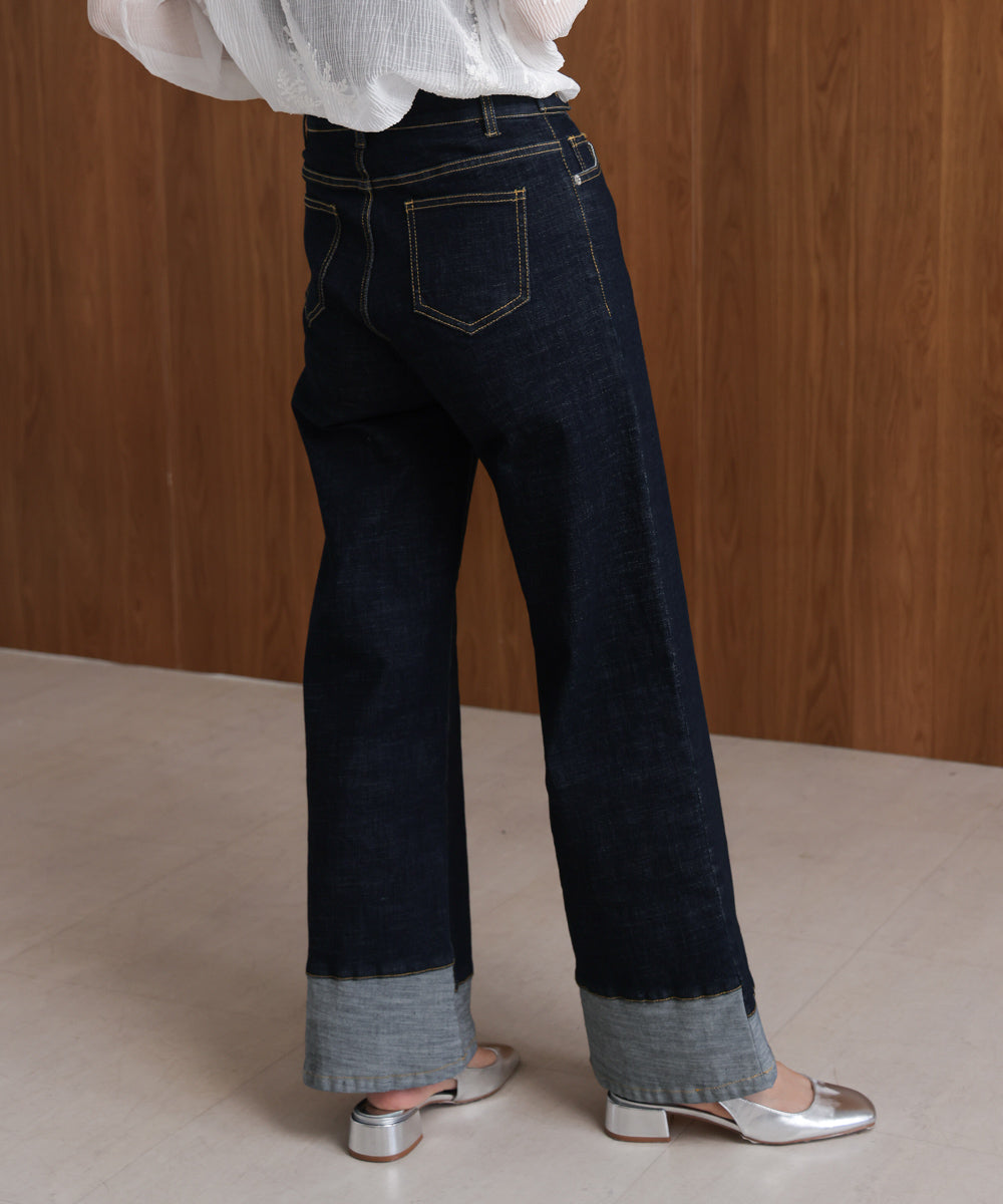 折り返しワイドデニムパンツ