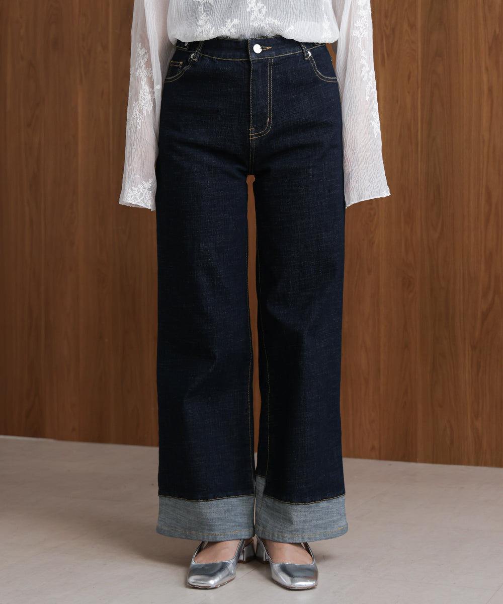 折り返しワイドデニムパンツ