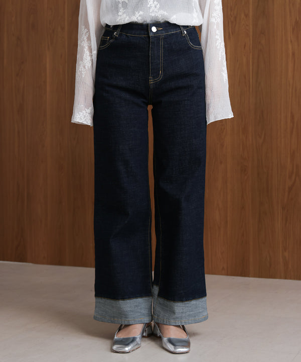 折り返しワイドデニムパンツ