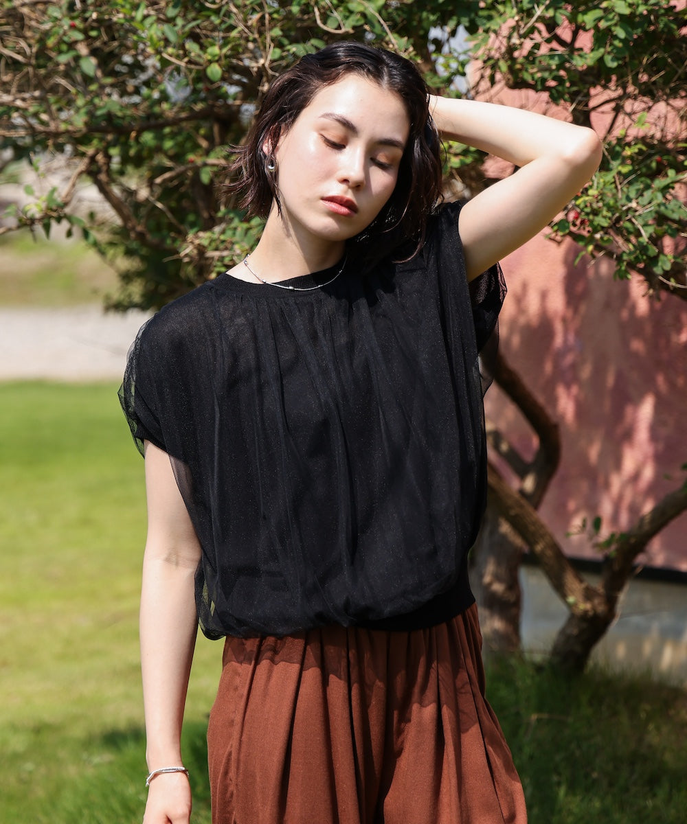 チュールドッキングノースリーブニット