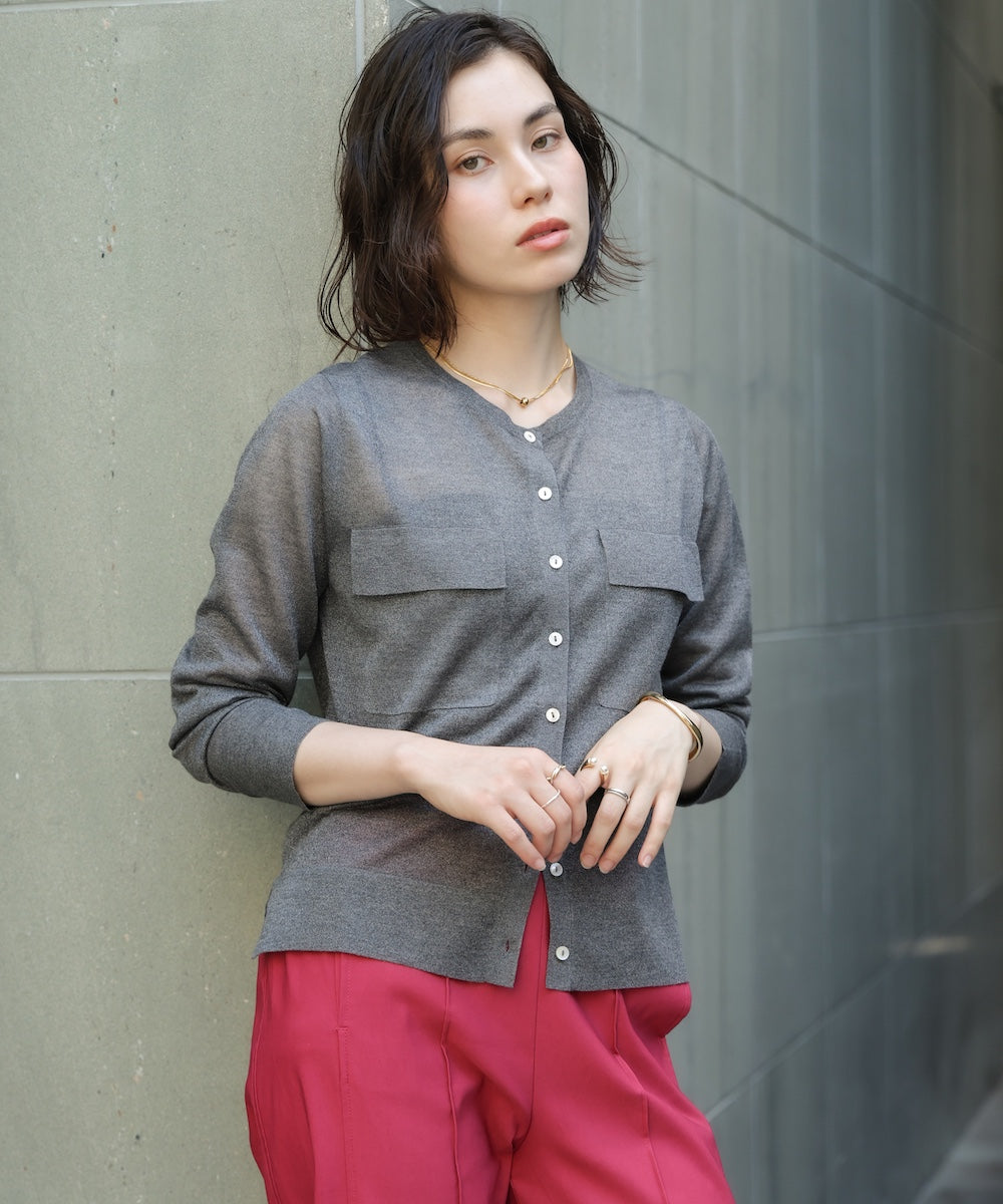 胸フラップポケットシアーニットカーディガン