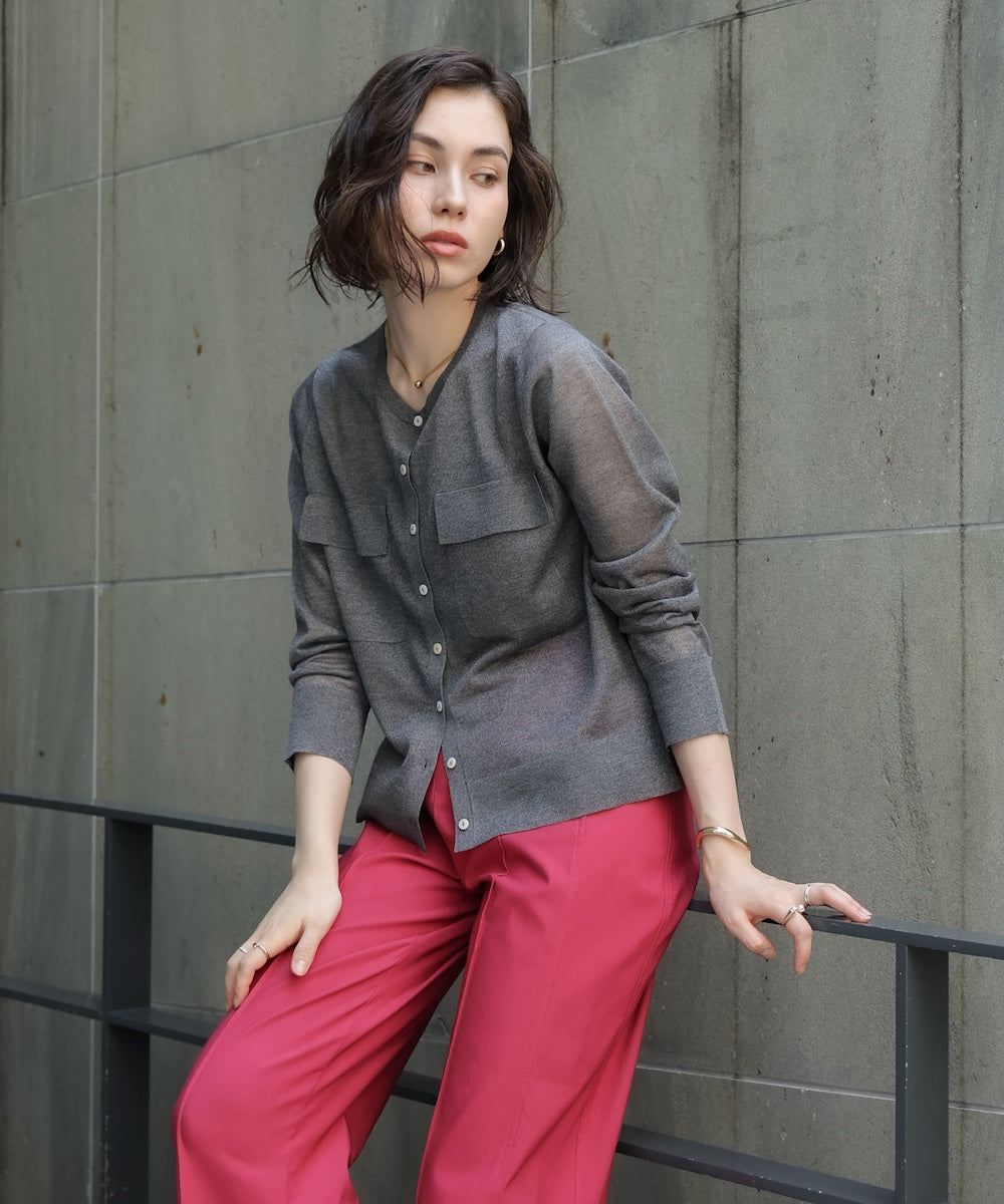 胸フラップポケットシアーニットカーディガン