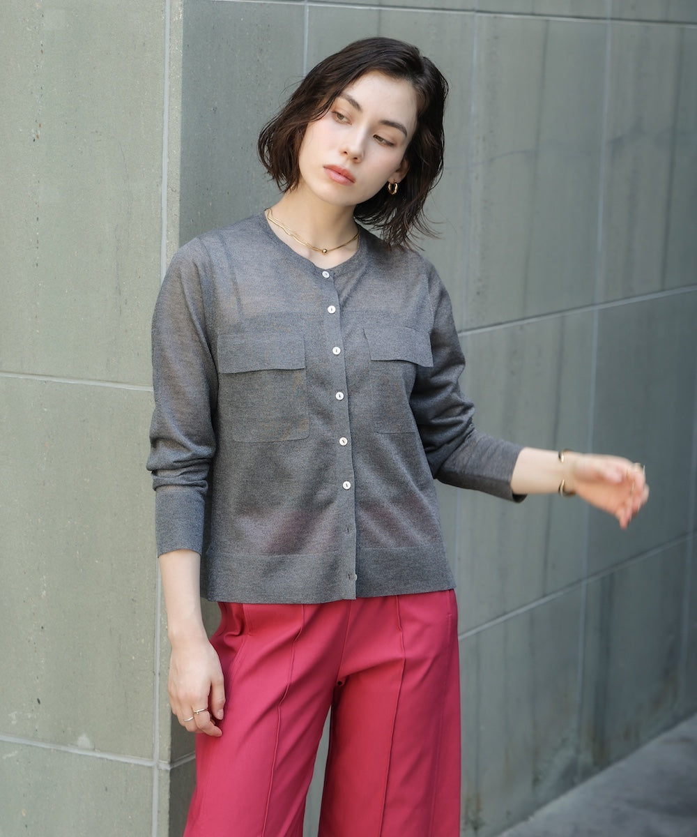 胸フラップポケットシアーニットカーディガン
