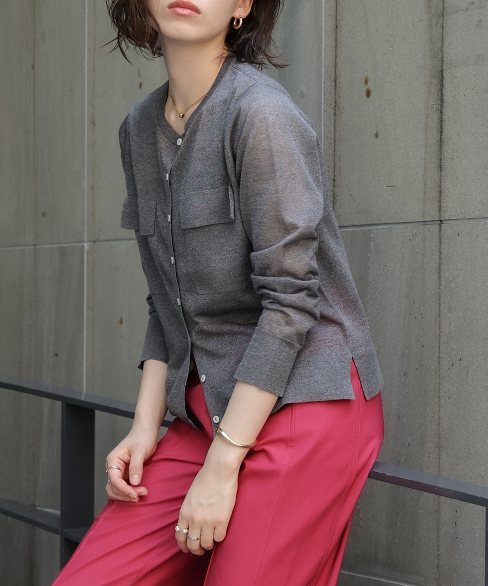 胸フラップポケットシアーニットカーディガン